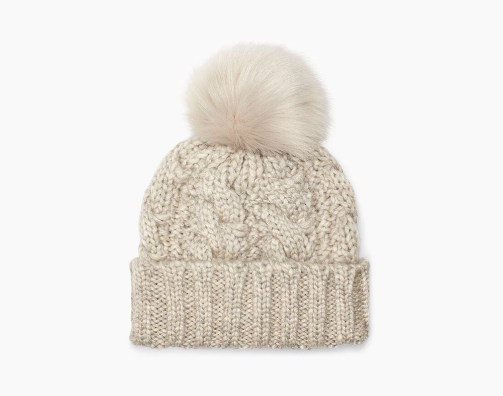 Ugg Beanies Womens - Ugg Knit Cable Faux Fur Pom Light Grey - 156ZUQSXP